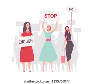 Crowd of women protesters with placards. Vector cartoon flat illustration isolated on white background.