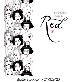 Crowd of women with red lips seamless line.