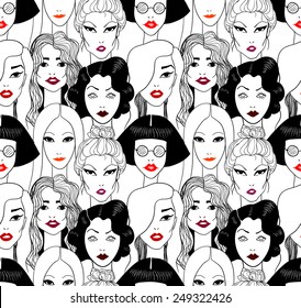 Crowd of women with red lips seamless pattern.