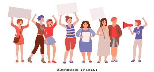crowd of women with signs and posters protesting. a rally of feminists. vector flat style  illustration set