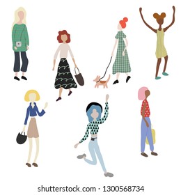 Crowd of women walking with dog, standing, dancing, running, shopping. Girls dressed in trendy clothes. Outdoor activities on city street. Female characters. Vector illustration in flat cartoon style