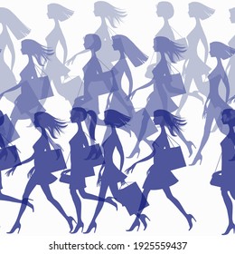 Una multitud de mujeres caminando por las calles de la ciudad. El fondo es impecable. Ilustración del vector