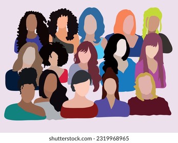 crowd women's face diversity cartoon Flat vector illustration