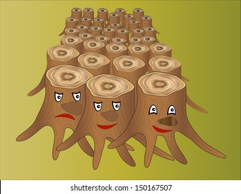 the crowd wooden cartoon stumps with persons