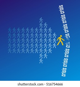 The crowd of workers follows the leader of the team overcoming crisis