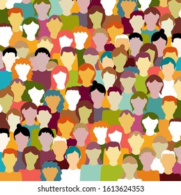 Crowd. Workers group, people in parade or in protest. Flat style. Vector background. Social community pattern of diverse people group in modern style