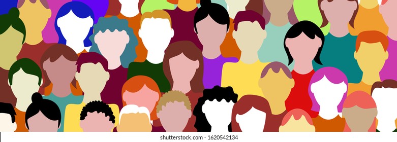 Crowd. Workers group, people in parade or in protest. Flat style. Vector banner background. Social community pattern of diverse people group in modern style
