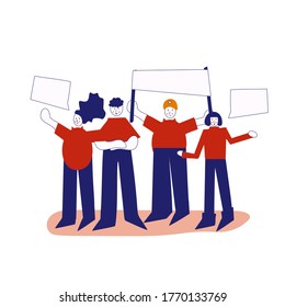 a crowd of workers, including men and women, are standing with signs and banners. Vector illustration in constructivism style