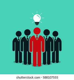 Crowd of workers and team leader with idea, Vector business concept.