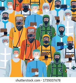 crowd of workers using protection virus suits characters vector illustration design
