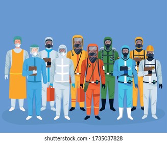 crowd of workers using protection virus suits characters vector illustration design