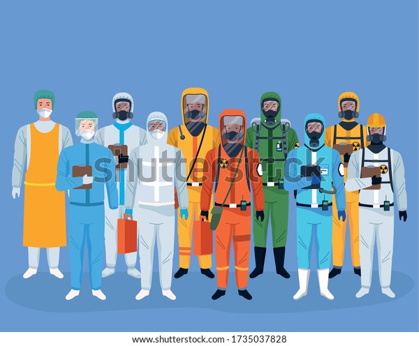 crowd of workers using protection\
virus suits characters vector illustration\
design