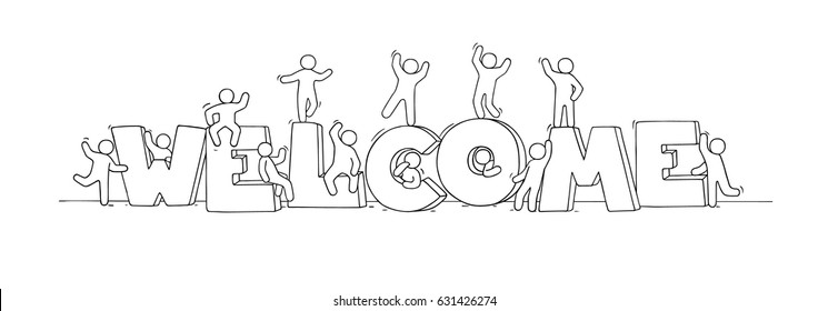 Crowd of working little people with big letters. Doodle cute miniature scene with message Welcome. Hand drawn cartoon vector illustration for internet design.