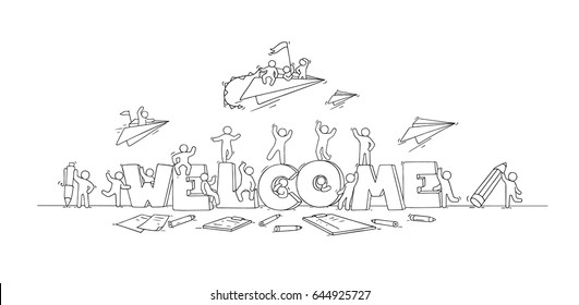 Crowd of working little people with big letters. Doodle cute miniature scene with message Welcome. Hand drawn cartoon vector illustration for internet design.