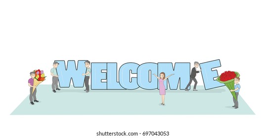Crowd of working little people with big letters Welcome. Doodle cute miniature scene with message Welcome. Hand drawn cartoon vector illustration for internet design.