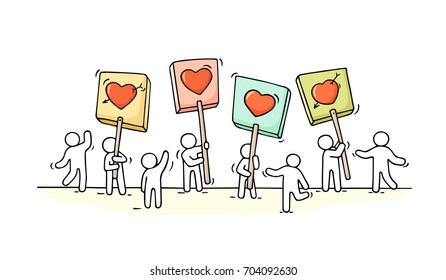 Crowd of working little people with heart sings. Doodle cute miniature about love. Hand drawn cartoon vector illustration for romantic and web design.