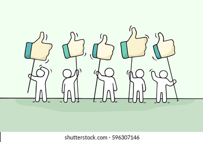 Crowd of working little people with like sings. Doodle cute miniature about communication. Hand drawn cartoon vector illustration for social media and web design.