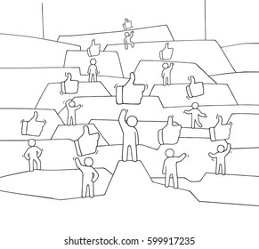 Crowd of working little people with like sings. Doodle cute miniature about communication. Hand drawn cartoon vector illustration for social media and web design.