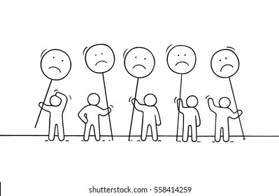 Crowd Of Working Little People With Sad Sings. Doodle Cute Miniature About Communication. Hand Drawn Cartoon Vector Illustration For Chat And Web Design