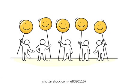 Crowd Of Working Little People With Smile Sings. Doodle Cute Miniature About Communication. Hand Drawn Cartoon Vector Illustration For Chat And Web Design.