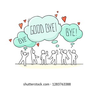 Crowd of working little people with speech bubbles. Doodle cute miniature about communication. Hand drawn cartoon vector illustration for web and social design.