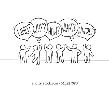 Crowd of working little people with speech bubbles. Doodle cute miniature teamwork scene with question words. Hand drawn cartoon vector illustration for business design and infographic.