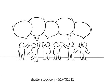 Crowd of working little people with speech bubbles. Doodle cute miniature about teamwork and partnership. Hand drawn cartoon vector illustration for business design and infographic