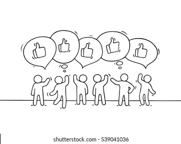 Crowd of working little people with speech bubbles and likes. Doodle cute miniature scene with positive messages. Hand drawn cartoon vector illustration for internet design and infographic.