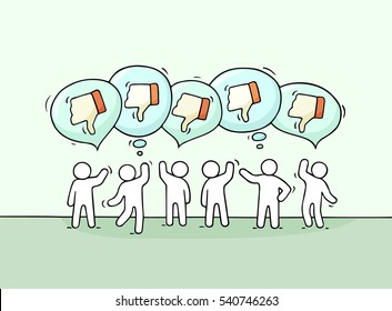 Crowd of working little people with speech bubbles and dislikes. Doodle cute miniature scene with positive messages. Hand drawn cartoon vector illustration for internet design and infographic.