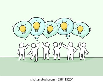 Crowd of working little people with speech bubbles and lamp ideas. Doodle cute miniature scene with creative messages. Hand drawn cartoon vector illustration for business design