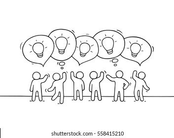 Crowd of working little people with speech bubbles and lamp ideas. Doodle cute miniature scene with creative messages. Hand drawn cartoon vector illustration for business design