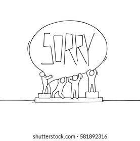Crowd of working little people with speech bubble. Doodle cute miniature scene with message Sorry. Hand drawn cartoon vector illustration for internet design.