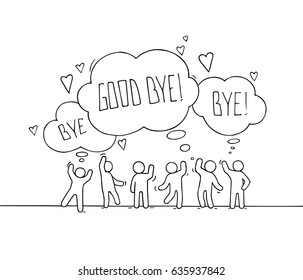 Crowd of working little people with speech bubbles. Doodle cute miniature about communication. Hand drawn cartoon vector illustration for web and social design.