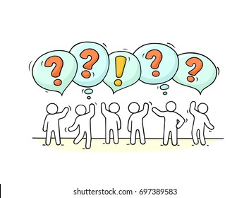 Crowd of working little people with speech bubbles. Doodle cute miniature scene with speaking creative people. Hand drawn cartoon vector illustration for internet design and infographic.