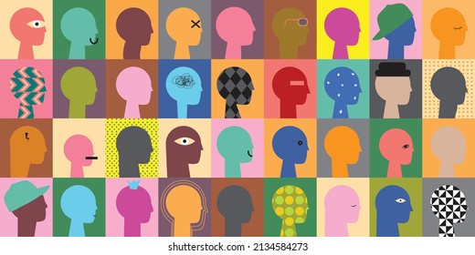 Crowd of young and elderly abstract men, women and children. Diverse group of stylish people standing together. Society or population, social diversity. Flat simple cartoon vector illustration.