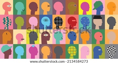 Crowd of young and elderly abstract men, women and children. Diverse group of stylish people standing together. Society or population, social diversity. Flat simple cartoon vector illustration.