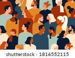 Crowd of young and elderly men and women in trendy clothes. Diverse group of stylish people standing together. Society or population, social diversity. Flat cartoon vector illustration.