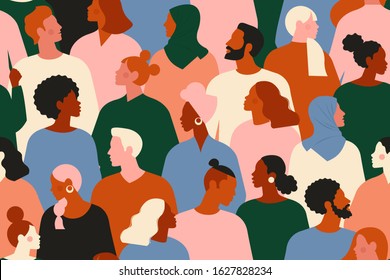 Crowd young   elderly men   women in trendy hipster clothes  Diverse group stylish people standing together  Society population  social diversity  Flat cartoon vector illustration 