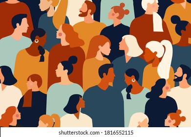 Crowd of young and elderly men and women in trendy clothes. Diverse group of stylish people standing together. Society or population, social diversity. Flat cartoon vector illustration.