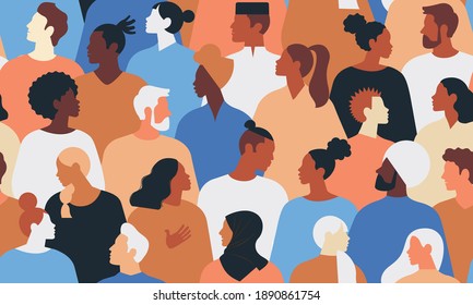 Crowd of young and elderly men and women in trendy hipster clothes. Diverse group of stylish people standing together. Society or population, social diversity. Flat cartoon vector illustration.