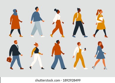 Crowd of young and elderly men and women in trendy hipster clothes. The diverse group of stylish people going together. Society, social diversity, career. Flat cartoon vector illustration.