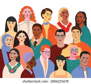 Crowd of young and elderly men and women in trendy hipster clothes. Diverse group of stylish people standing together. Society or population, social diversity. Flat cartoon vector illustration. stock 