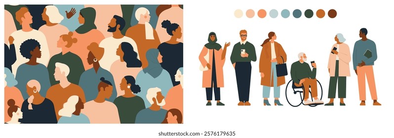 Crowd of young and elderly men and women in fashion clothes. Diverse group of stylish people standing together. Society or population, diverse team, social diversity. Flat cartoon vector illustration.