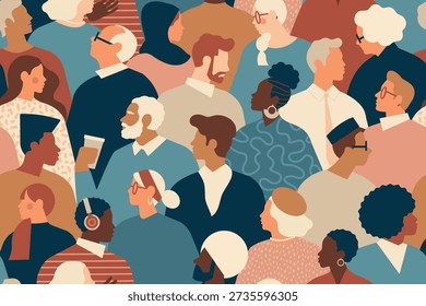 Crowd of young and elderly men and women in trendy hipster clothes. Diverse group of stylish people standing together. Society or population, social diversity. Diversity equality inclusion. DEIB. Flat cartoon vector illustration.