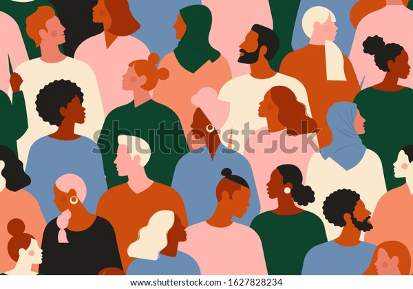 Crowd of young and elderly men and women in\
trendy hipster clothes. Diverse group of stylish people standing\
together. Society or population, social diversity. Flat cartoon\
vector illustration.