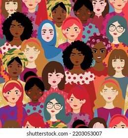 Crowd of young and elderly women in trendy hipster clothes. Diverse group of stylish people standing together. Society or population, social diversity. Flat cartoon vector illustration.