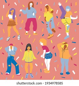 Crowd of young girls dancing at club. Big set of characters having fun at party. Flat colorful vector illustration. EPS 10