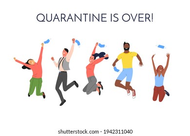 Crowd of young happy smiling multinational diverse people in jumping poses throwing up face masks. With text. Quarantine and pandemic of covid 19 is over. Back to normal. Isolated on white, vector