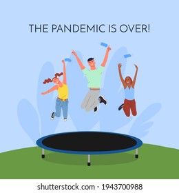Crowd of young happy smiling multinational diverse people are jumping on trampoline outdoors throwing up face masks. With text. Quarantine and pandemic of covid 19 is over. Back to normal.