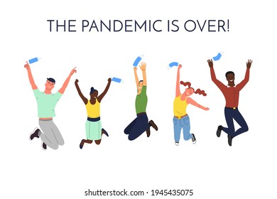 Crowd of young happy smiling multinational diverse people in jumping poses throwing up face masks. With text. Quarantine and pandemic of covid 19 is over. Back to normal. Isolated on white, vector